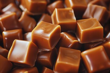 Obraz premium Soft caramel candies glistening under the light, creating a tempting pile of sugary confectionery