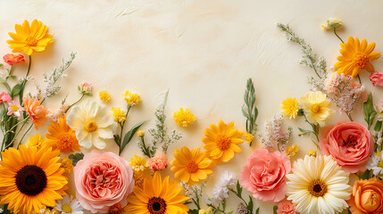 Floral Harmony: A vibrant, colorful array of blossoms unfolds against a textured backdrop, evoking feelings of freshness and spring renewal.