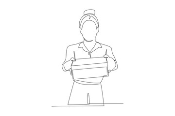 Woman giving gift. Gift giving concept one-line drawing