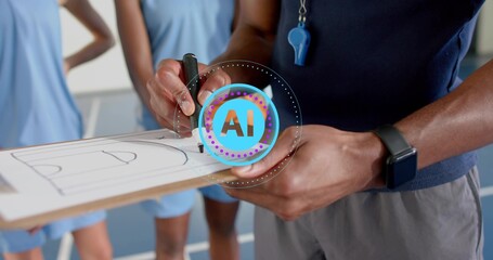Drawing coach's hands tracing play on blue gym court clipboard, with whistle and light blue jerseys