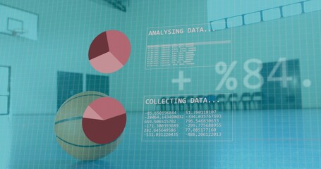 Naklejka premium Displaying basketball and floating pie-chart HUD overlays on gymnasium court, with %84 data
