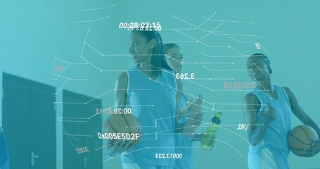 Standing three women players in light blue jerseys in locker room, holding balls, green bottle, HUD