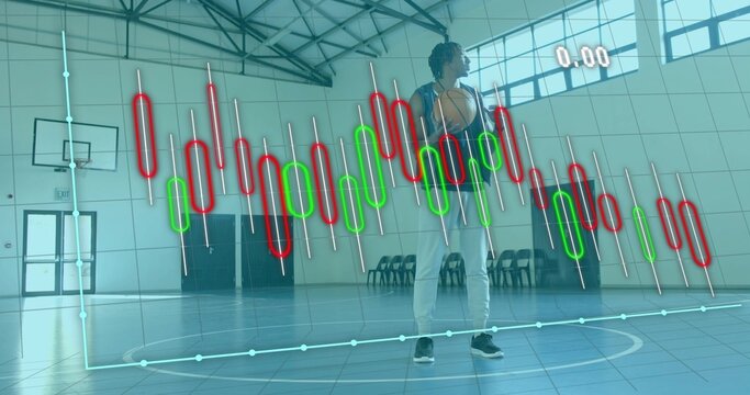 Holding basketball, Black man standing at center court wearing sport gear with data overlay