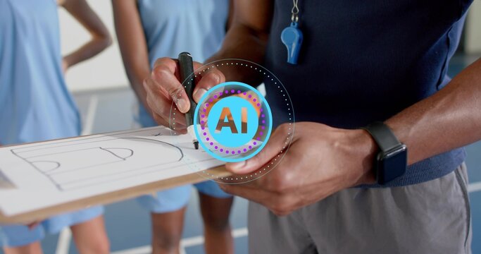 Drawing coach's hands tracing play on blue gym court clipboard, with whistle and light blue jerseys