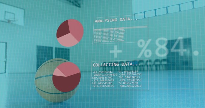 Displaying basketball and floating pie-chart HUD overlays on gymnasium court, with %84 data