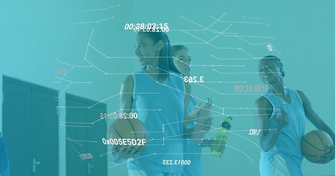 Standing three women players in light blue jerseys in locker room, holding balls, green bottle, HUD