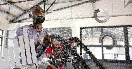 Pedaling man on exercise bike wearing light T-shirt and light shorts at gym, displaying HUD metrics