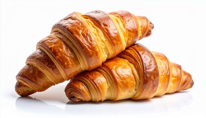 Two golden-brown croissants stacked on white background