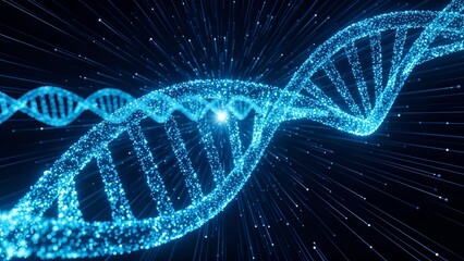 Abstract glowing blue DNA double helix structure with radiating light particles on a dark background, representing genetics and biotechnology.