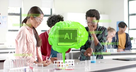 Working students wearing safety goggles, pink jacket doing lab test in school lab with AI brain