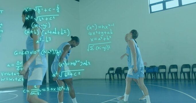 Training five athletes in blue basketball kits at school gym, with equations over left and bags