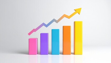 Colorful bar chart with upward yellow arrow on white background