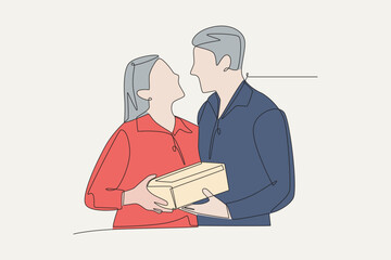 Colored couple giving gifts. Gift giving concept one-line drawing
