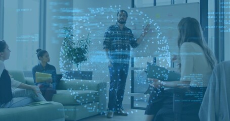 Presenting bearded man in plaid shirt gesturing at whiteboard in office lounge, with data overlay