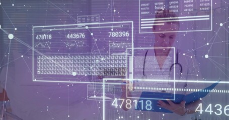 Holding doctor reading blue folder in clinic wearing lab coat, stethoscope amid HUD, copy space