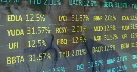 Standing male doctor wearing white coat and stethoscope behind glass, ticker overlay scrolling