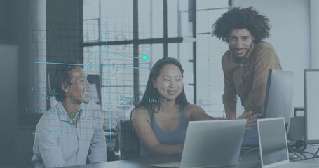 Working team in business wear leaning over laptops pointing at screen in modern office data overlay