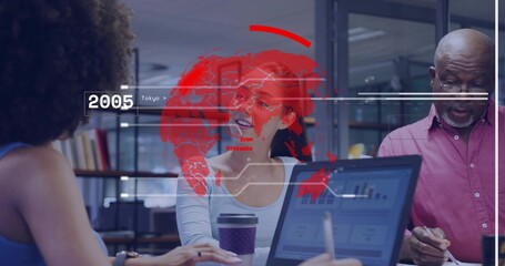 Discussing data, Korean woman holding coffee, gesturing at laptop in meeting with HUD overlays