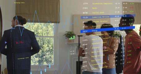 Naklejka premium Inspecting five men adjusting suits and checking rack in living room, with financial graphics