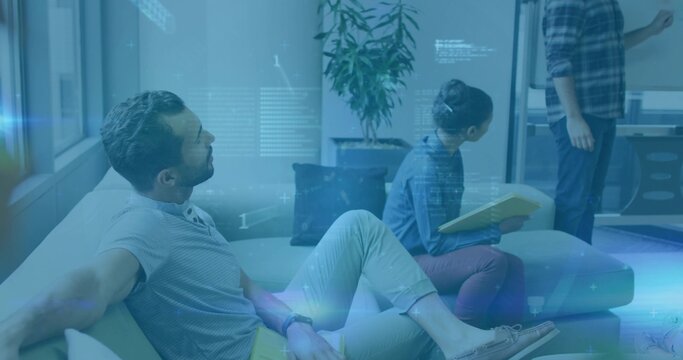 Reclining man wearing light shirt leaning on sofa, presenter writing at board, HUD, copy space - Powered by Adobe