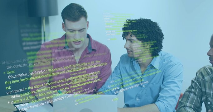 Discussing three men leaning over laptop at office table, pink and light blue shirts, code overlay - Powered by Adobe