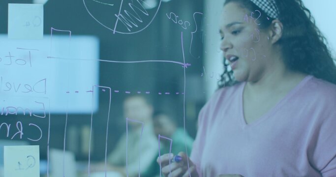 Writing presenter drawing on glass board at meeting with purple marker in pink top, copy space - Powered by Adobe