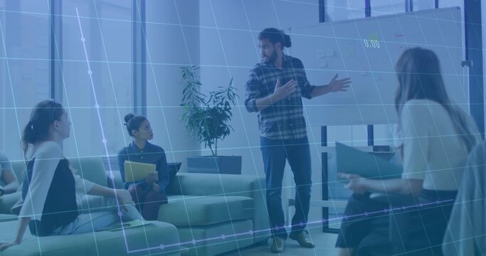 Presenting bearded man wearing plaid shirt and jeans gesturing at lounge meeting with data overlay - Powered by Adobe