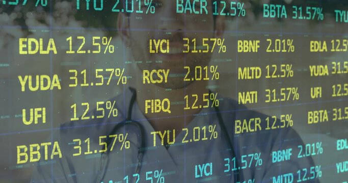 Standing male doctor wearing white coat and stethoscope behind glass, ticker overlay scrolling - Powered by Adobe