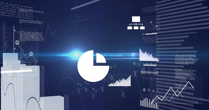 Glowing central white pie-chart crossing blue lens flare in virtual dashboard, showing line charts