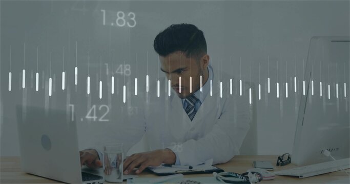 Working adult doctor in white lab coat leaning forward at clinic desk, with laptop and stethoscope - Powered by Adobe