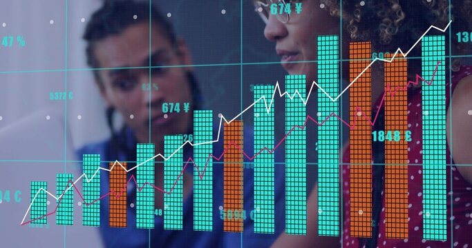 Analyzing analysts reviewing in office, woman with glasses red dotted top, turquoise orange bars ¥£ - Powered by Adobe