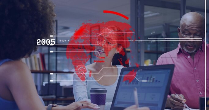 Discussing data, Korean woman holding coffee, gesturing at laptop in meeting with HUD overlays