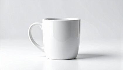 Plain white ceramic mug with handle on left, placed on light gray background