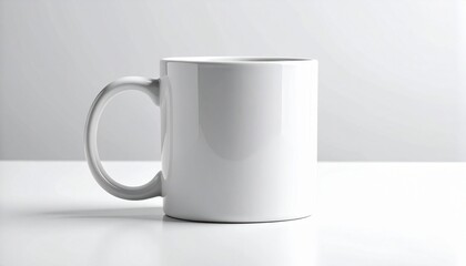 Plain white ceramic mug with handle on left, placed on light gray background