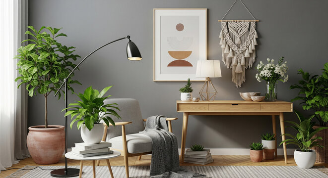 modern living room with table Design home interior of living room with stylish chair and wooden desk, plants, flowers, table lamp, mock up poster frame, macrame and elegant accessories. Stylish home