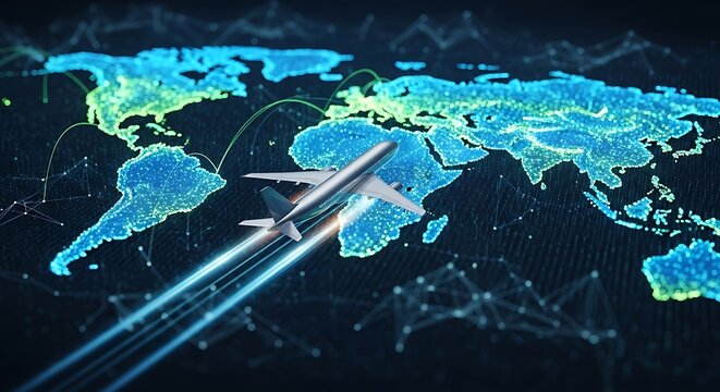 Global Aviation Plane Soaring Over the World Map - Powered by Adobe