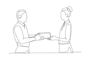 Couple giving gifts. Gift giving concept one-line drawing
