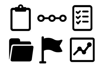 Bold Project Icons. Project milestones silhouette icon set. clipboard, timeline, checklist, document folder, flag, chart line.