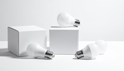 LED light bulbs and white boxes arranged on minimalist white background