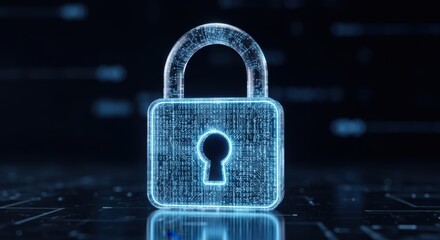 Digital padlock icon crafted from glowing blue binary code illuminates a dark background representing cybersecurity and data protection concepts