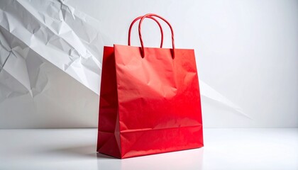 Red paper shopping bag with twisted handles on white surface and crumpled paper background
