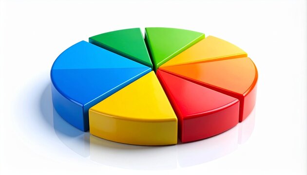 3D pie chart with eight colorful segments on reflective white surface