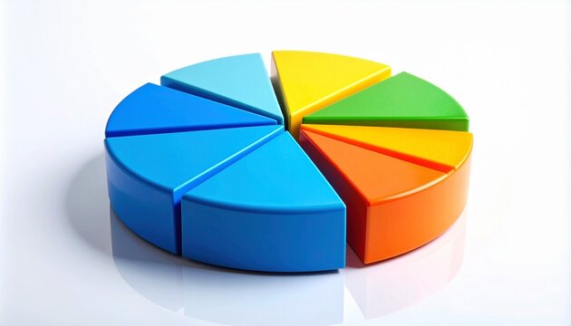 3D pie chart with eight colorful segments on reflective white surface