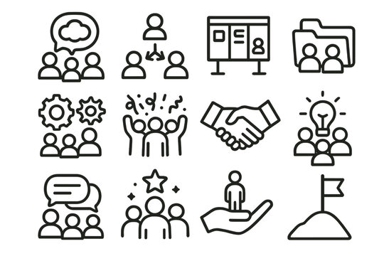 Team Dynamics Icons. Team Dynamics Icons linear icon set: brainstorming bubble, task delegation arrows, project board, shared folder, collaborative gears, celebration confetti