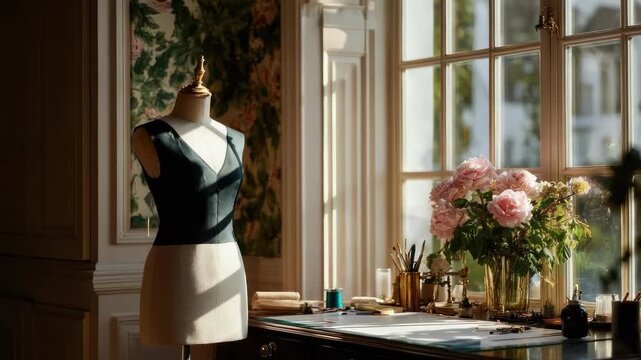 A dress form wearing a black bodice and white skirt in a vintage sewing room with a window, desk, and pink flowers.