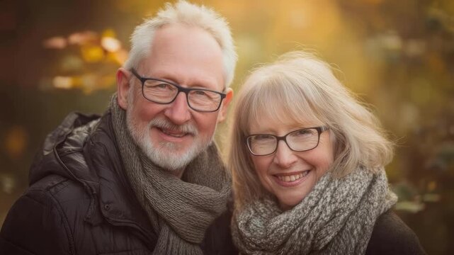 Smiling elderly couple wearing scarves outdoors in autumn.
