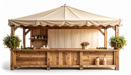 Rustic wooden market stall with canvas canopy and decorative items