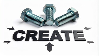 Three metal bolts above the word CREATE with directional arrow