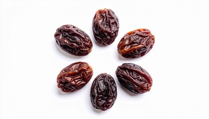 Five dried raisins with wrinkled texture on white background