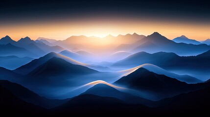 A scenic landscape of a mountain range at sunset, with a gradient of blue and orange hues.